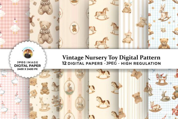 12 Vintage Nursery Toy Digital Patterns for Creative Crafting and Design Projects