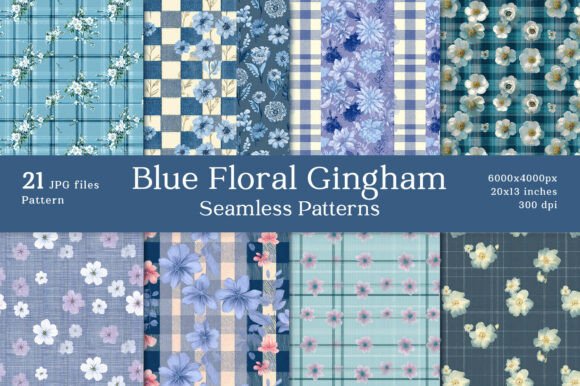 Blue Floral Gingham Seamless Patterns for Creative Projects