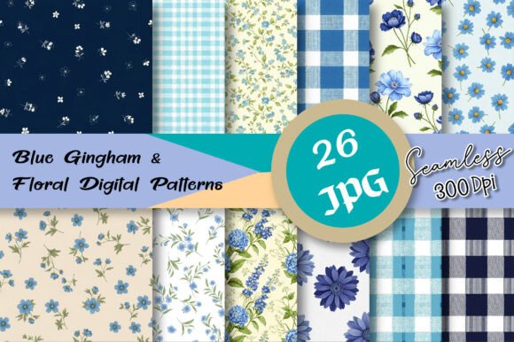 Blue Gingham Floral Digital Patterns