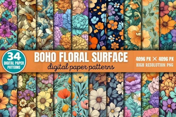 Boho Floral Surface Patterns Digital Pap for Creative Expression