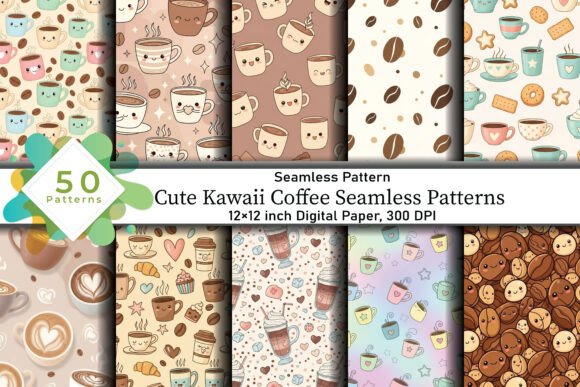 Cute Kawaii Coffee Seamless Patterns