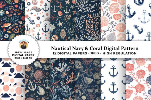 Nautical Navy Coral Digital Patterns: A Versatile Design for Modern Creativity