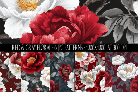 Red and Gray Floral Seamless Patterns