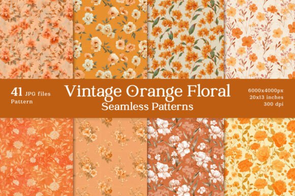 Vintage Orange Floral Seamless Patterns